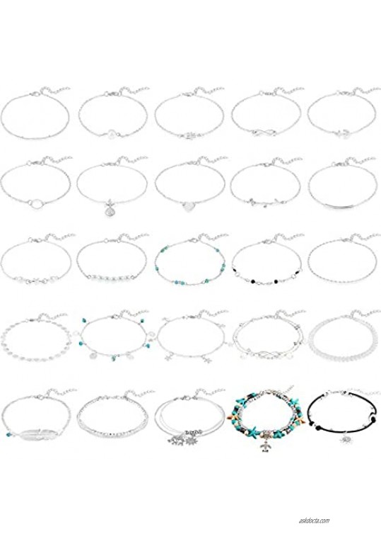 Hicarer 25 Pieces Ankle Chains Bracelets Adjustable Beach Anklets Boho Foot Jewelry Set for Women Girls Favors