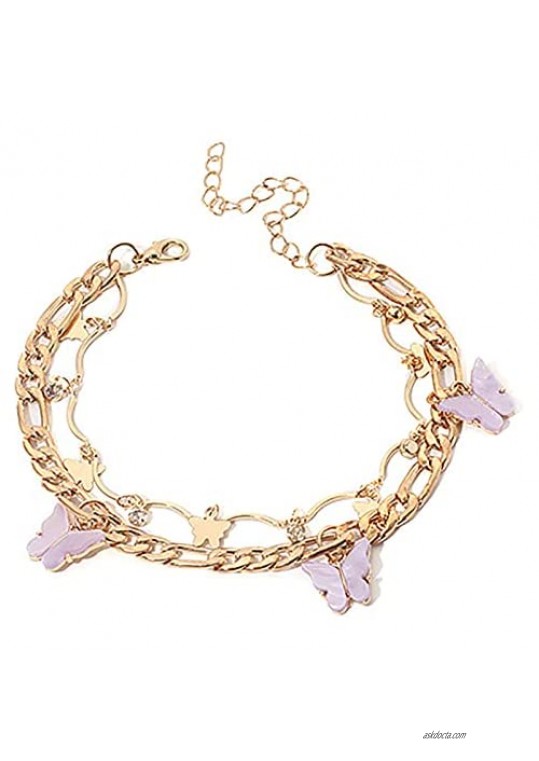 Incaton Butterfly Anklet Bracelets for Women Double Layer Adjustable Women Foot Chain Summer Beach Anklets