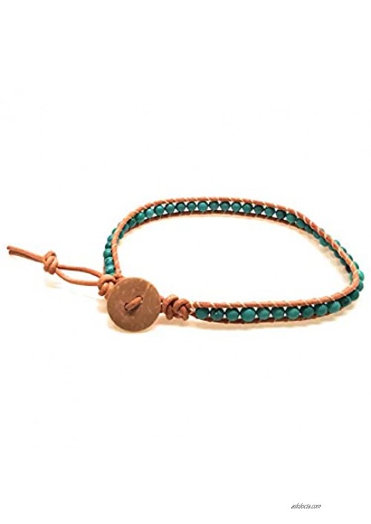 Infinityee888 Turquoise Anklet Bracelet Woven with Light Brown Leather Cord Handmade Hippie Bohemian Unisex Anklet for Men Women MJTQL1