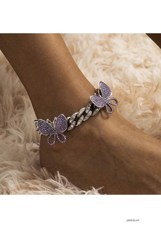 Ingemark Cute Butterfly Cuban Link Anklet Adjustable Ankle Chain Anklet Bracelet for Women Teen Girls Summer Bling Jewelry Accessory
