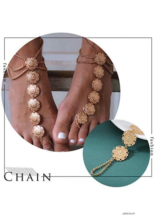 Jeairts Boho Carved Flower Barefoot Sandals Gold Anklet Fashion Folk Anklet Bracelet Vintage Beach Foot Chain Jewelry for Women and Girls（Pack of 2)