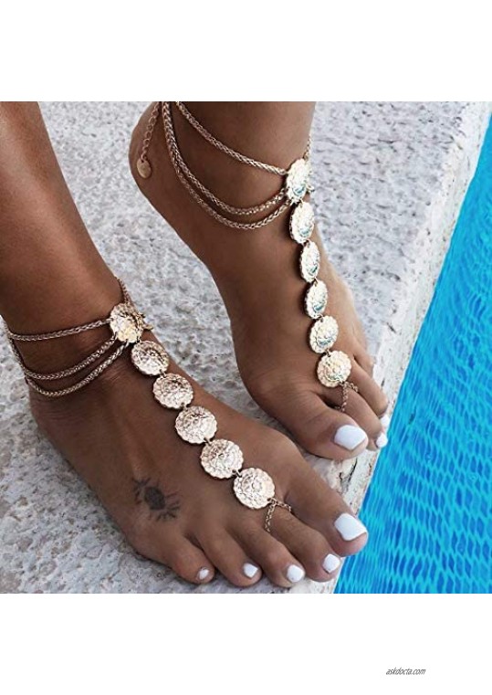 Jeairts Boho Carved Flower Barefoot Sandals Gold Anklet Fashion Folk Anklet Bracelet Vintage Beach Foot Chain Jewelry for Women and Girls（Pack of 2)