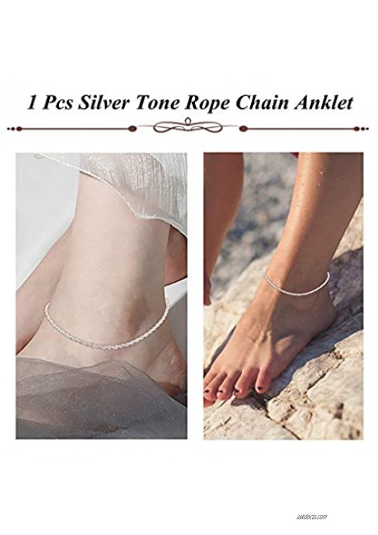 JOERICA 2 Pcs Silver Tone Chain Ankle Bracelet for Women Men Rope Figaro Chain Foot Anklets Stainless Steel Link Set for Beach or Party Foot Jewelry