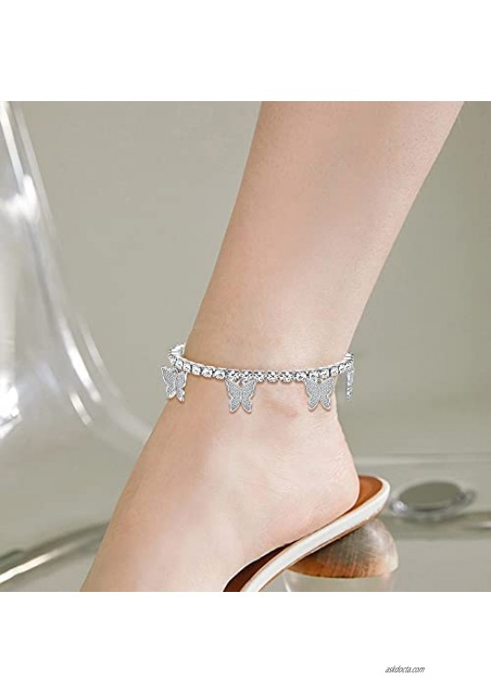 Jstyle 3Pcs Butterfly Anklet for Women Rhinestone Ankle Bracelet Adjustable Tennis Chain Anklets Summer Beach Foot Jewelry