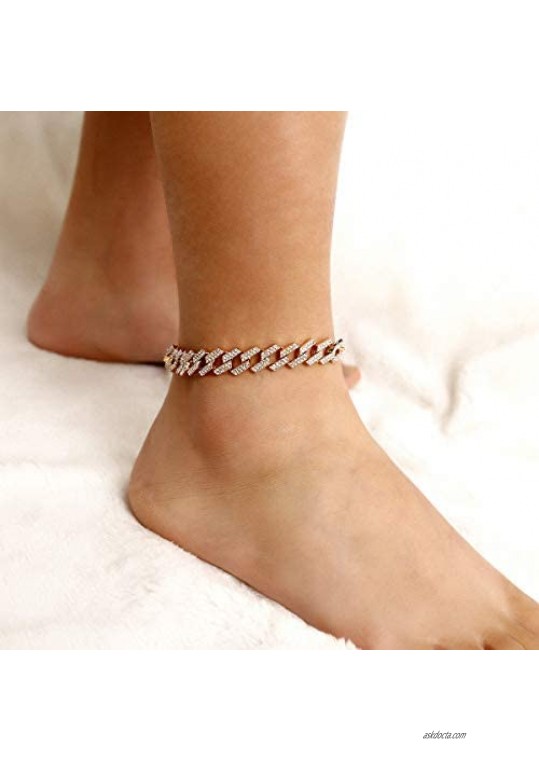 kelistom Cuban Link Rhinestone Filled Gold Box Chain Anklet for Women Punk Hip-hop Ankle Bracelets Length Adjustable