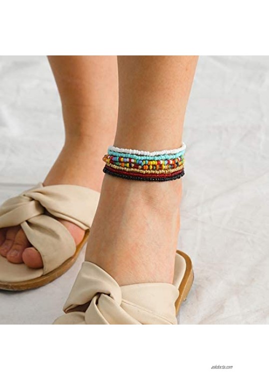 Konpicca 7PCS Elastic Beaded Anklets for Women Girls Handmade Beach Boho Colorful Beads Ankle Bracelets Set