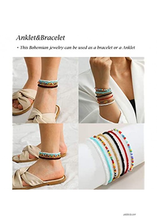 Konpicca 7PCS Elastic Beaded Anklets for Women Girls Handmade Beach Boho Colorful Beads Ankle Bracelets Set