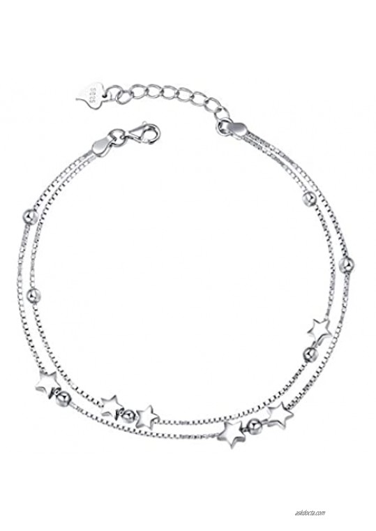 LINGBG JEWELRY 925 Sterling Silver Heart/Star Bracelet Double Stranded Bracelets for Women Sister Friendship Bracelet