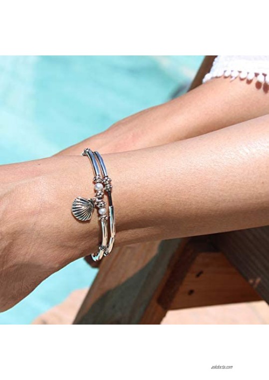 Lizzy James Lucy Anklet in Natural Black Leather Silver Plate Crescents Freshwater Pearls and Silver Shell Charm