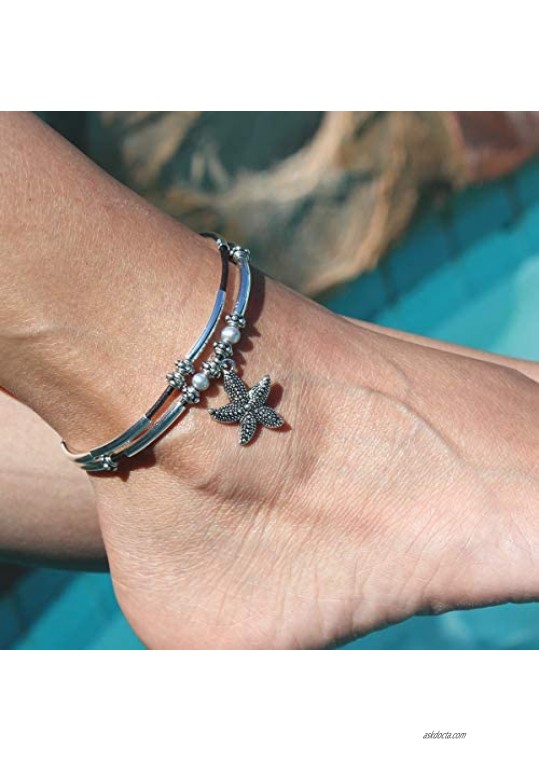 Lizzy James Lucy Anklet w Starfish Charm in Natural Black Leather Silver Plate Crescents Freshwater Pearls