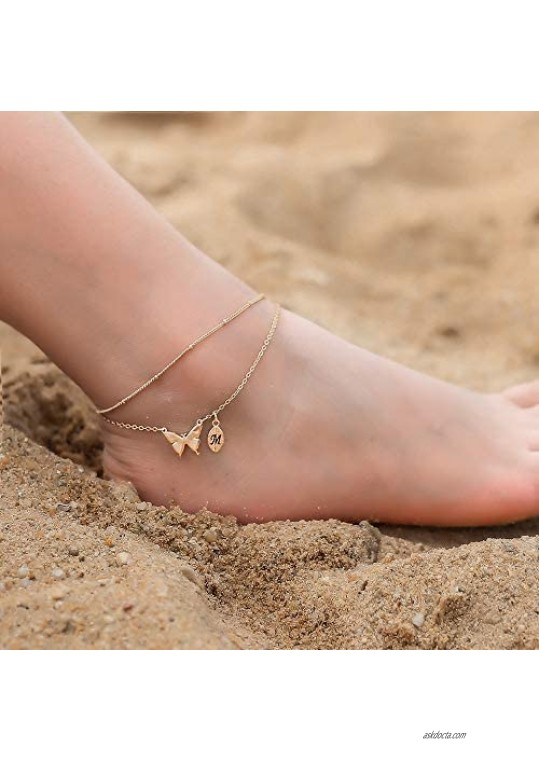 M MOOHAM Dainty Butterfly Anklets for Women 14K Gold Filled Initial Anklet for Women Handmade Gold Anklets for Women Boho Butterfly Anklet Initial Ankle Bracelets for Women Anklets Jewelry