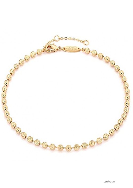 MEVECCO Gold Beaded Anklet 14K Gold Plated Handmade Cute Satellite Diamond Cut Oval and Round Beads Rope Chain Dainty Anklet for Women