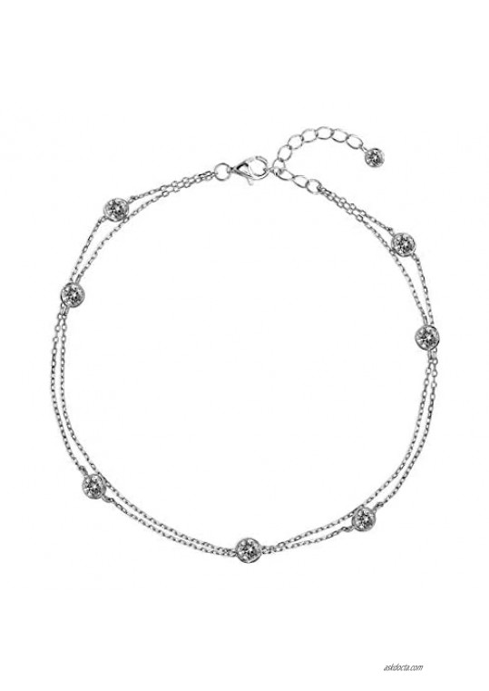 MIA SARINE Rhodium Plated Sterling Silver 10 Inch Cubic Zirconia Double Layer CZ by the Yard Anklet for Women