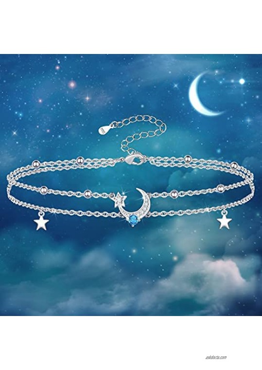 Moon Star Layered Anklet for Women 925 Sterling Silver Anklet Bracelets Adjustable Beach Foot Ankle Dainty Jewelry Gifts for Women Girls