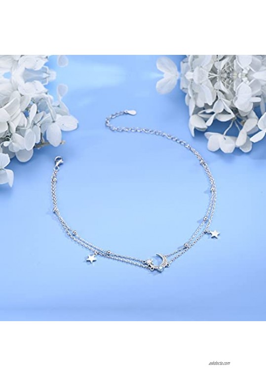 Moon Star Layered Anklet for Women 925 Sterling Silver Anklet Bracelets Adjustable Beach Foot Ankle Dainty Jewelry Gifts for Women Girls