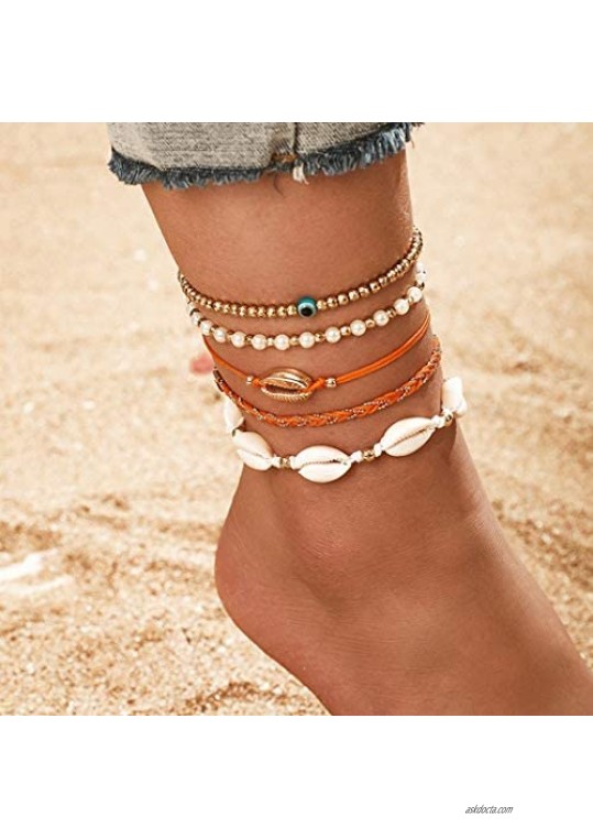 Mosako Boho Layered Anklets Shell Ankle Bracelets Gold Beaded Ankle Chain Evil Eyes Braided Rope Handmade Foot Chains Beach Foot Jewelry Sand designed elegant Charm Adjustable for Women and Girls 5Pcs