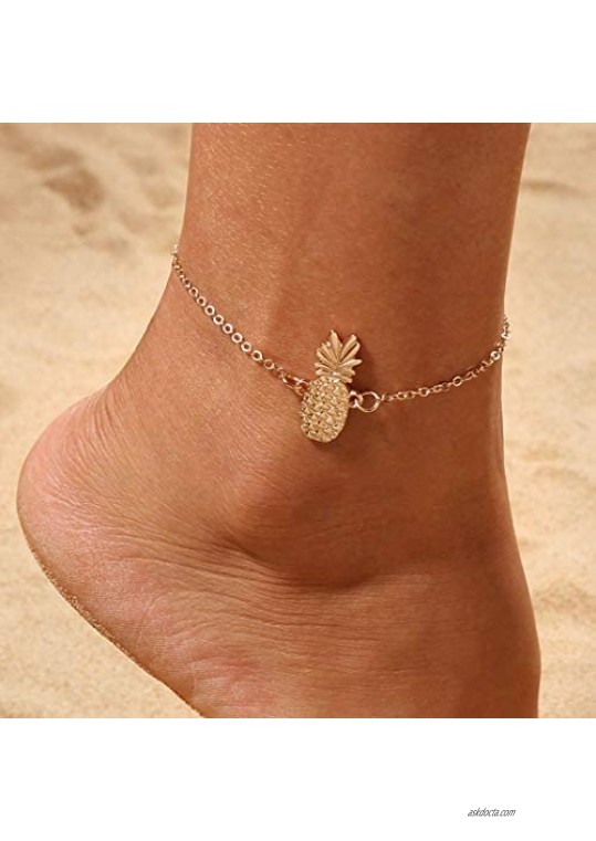 Reetan Boho Beach Anklets Gold Pineapple Fashion Ankle Bracelet Adjustable Foot Jewelry for Women and Girls