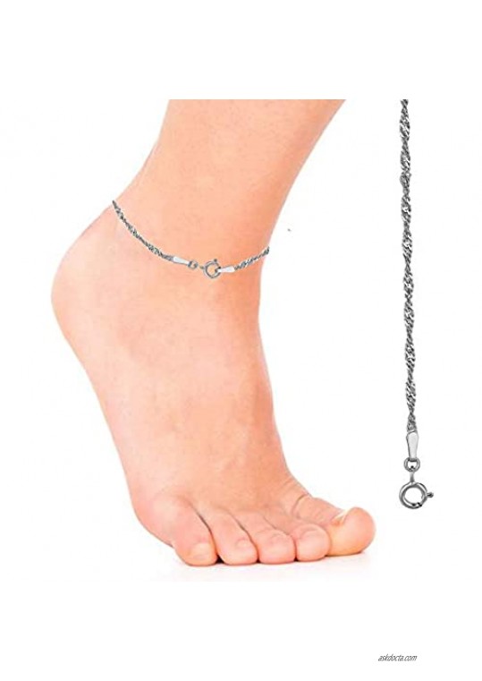 Ritastephens Italian Sterling Silver 1.7mm Shiny Singapore Sparkle Chain Anklet or Necklace