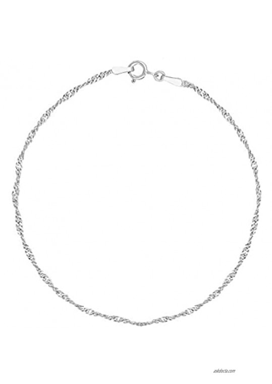 Ritastephens Italian Sterling Silver 1.7mm Shiny Singapore Sparkle Chain Anklet or Necklace