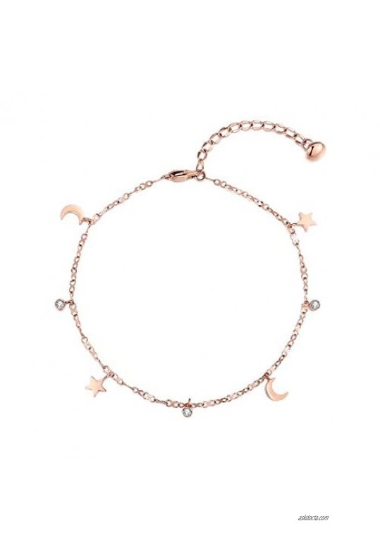 Rose Gold Ankle Bracelets for Women - Adjustable Dainty Moon Star Anklets 18K Gold Plated Perfect for Teen Girls Ladies - Fashion Titanium Link Foot Jewellery