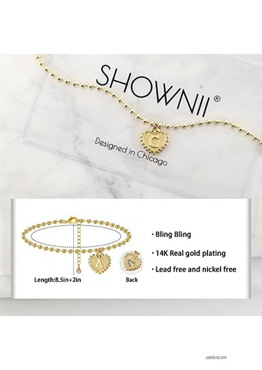 SHOWNII Ankle Bracelets for Women Girls Heart Initial Gold Ankle Bracelet 14k Real Gold Plated Anklets for Women Letter Bead Foot Chain Summer Beach Gift with Extension
