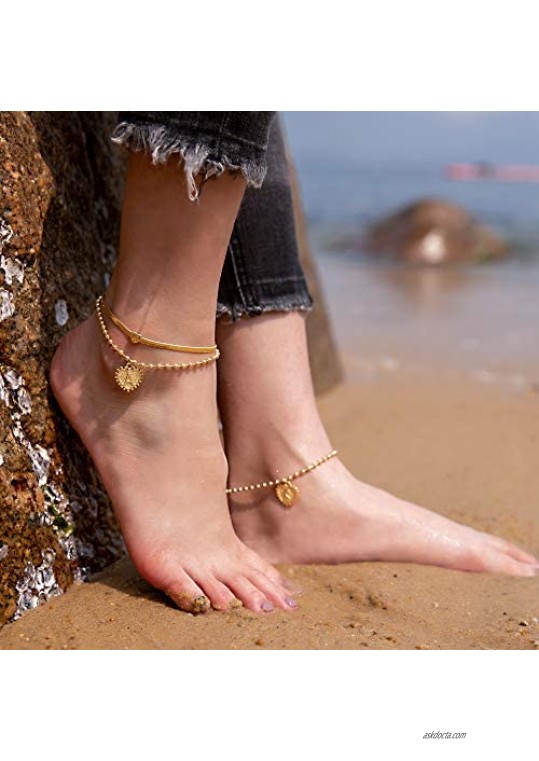 SHOWNII Ankle Bracelets for Women Girls Heart Initial Gold Ankle Bracelet 14k Real Gold Plated Anklets for Women Letter Bead Foot Chain Summer Beach Gift with Extension