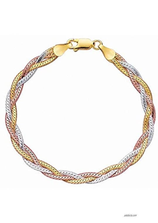 Silver Rose Rhodium Yellow Shiny Diamond-Cut Tri-Color Fancy Weave Anklet Bracelet - 10 Inches 6.1gr