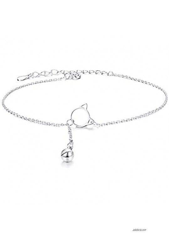 Sllaiss 925 Sterling Silver Bell Ankle Bracelets for Women Adjustable Cute Cat Chain Anklet Summer Foot Jewelry