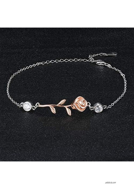 Sllaiss Rose Flower Sterling Silver Charm Bracelets For Women Dainty Cubic Zirconia Adjustable Ankle Bracelets Foot Bracelets Silver Anklets Rose Jewelry Gift