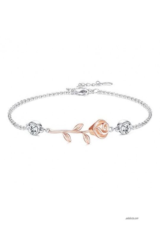 Sllaiss Rose Flower Sterling Silver Charm Bracelets For Women Dainty Cubic Zirconia Adjustable Ankle Bracelets Foot Bracelets Silver Anklets Rose Jewelry Gift