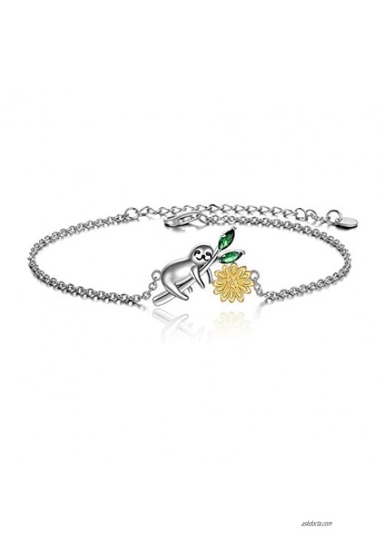 Sloth with Sunflower Charm Anklets 925 Sterling Silver Sloth Lovers Gifts Jewelry for Women