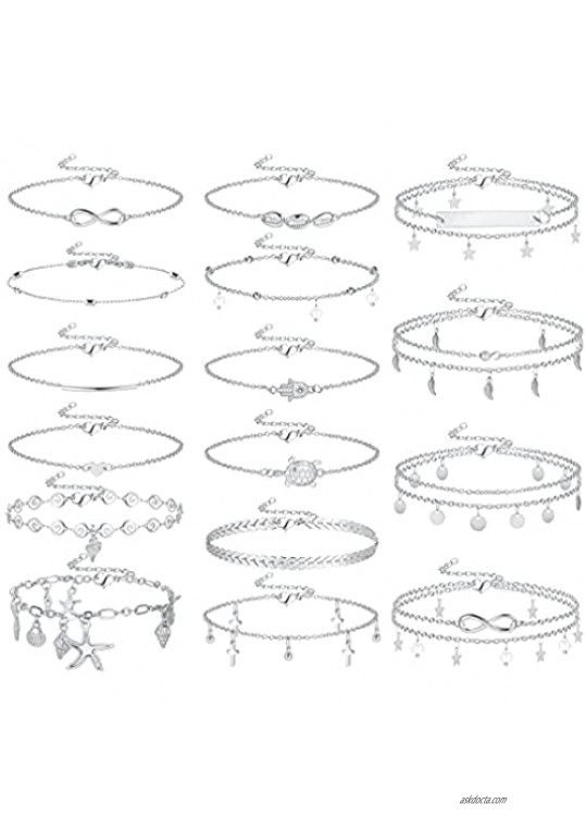Subiceto 16Pcs Anklet for Women Summer Beach Chain Anklet Bracelet Layered Adjustable Size Foot Jewelry Anklet Set Gold Silver Tone