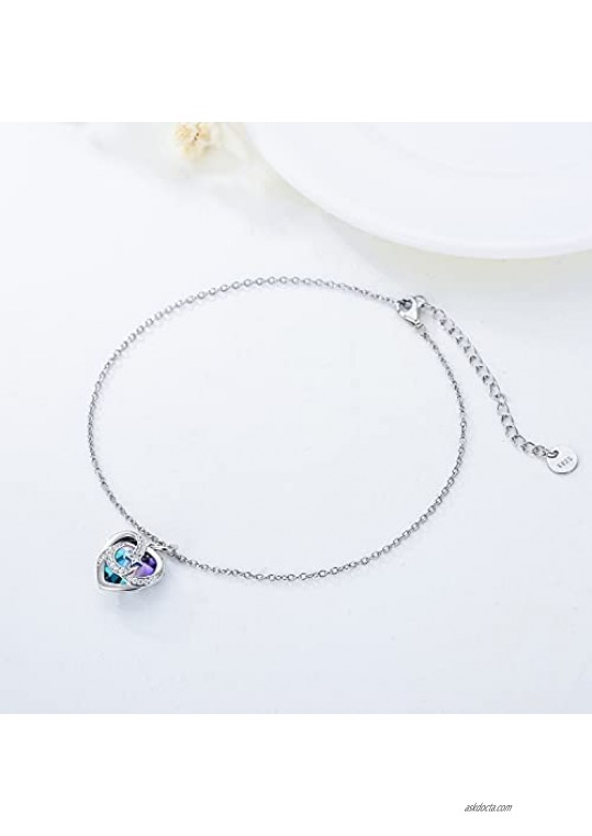 TOUPOP Anklets for Women Sterling Silver Moon Star Ankle Bracelet with Purple Heart Crystal Sea Beach Fashion Jewelry Gifts for Women Teen Girls Friend Birthday Christmas
