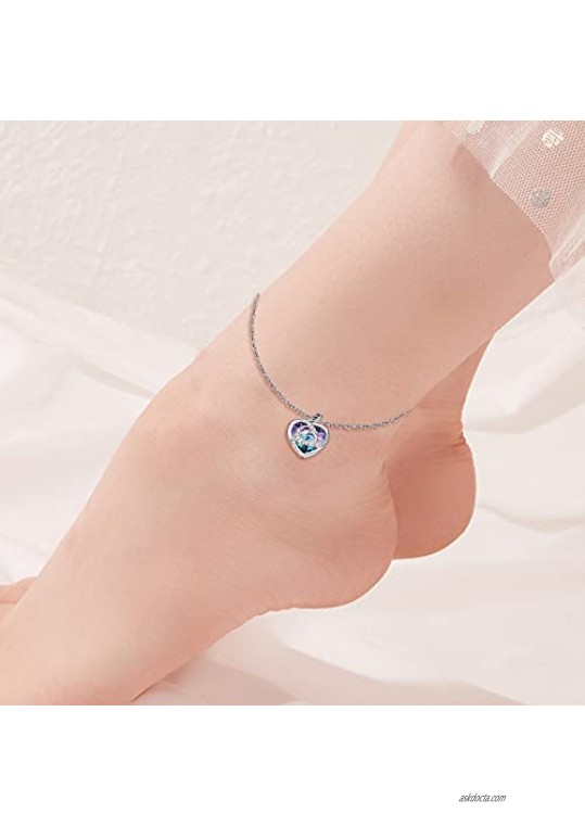 TOUPOP Anklets for Women Sterling Silver Moon Star Ankle Bracelet with Purple Heart Crystal Sea Beach Fashion Jewelry Gifts for Women Teen Girls Friend Birthday Christmas