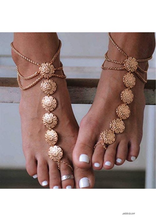 TseanYi Boho Coin Barefoot Sandals Gold Disc Ankle Bracelet Summer Anklet Beach Foot Chain Jewelry for Women and Girls 2Pcs