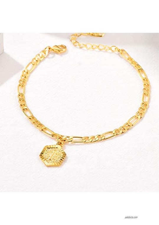 U7 Initial Ankle Bracelets for Women Girls Resizable Length 8.5-10.5 Inch Feet Jewelry 18k Gold Plated 4mm Figaro Chain Cute Hexagon Alphabet A-Z 26 Letter Anklets Hypoallergenic Gift Packed