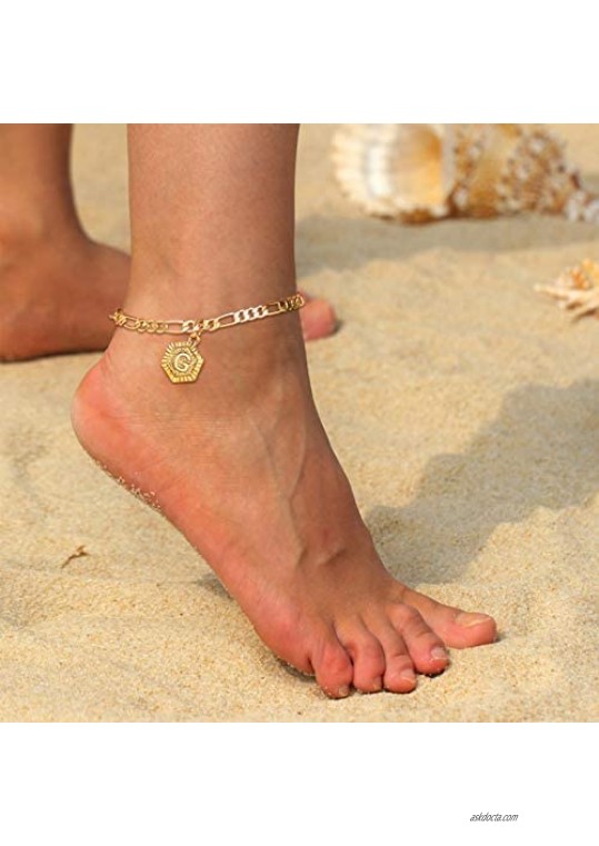 U7 Initial Ankle Bracelets for Women Girls Resizable Length 8.5-10.5 Inch Feet Jewelry 18k Gold Plated 4mm Figaro Chain Cute Hexagon Alphabet A-Z 26 Letter Anklets Hypoallergenic Gift Packed