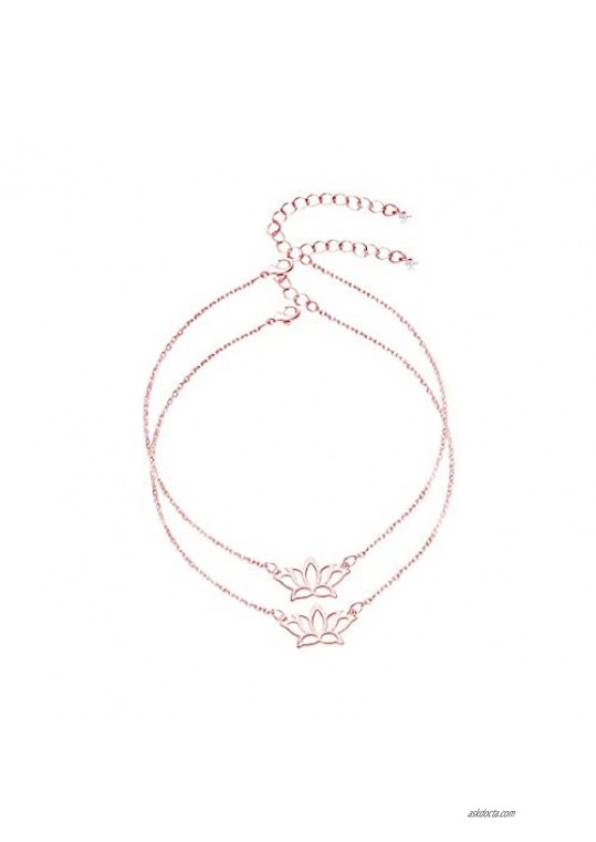 Women's Rose Gold Silver Dainty Lotus flower Anklet Dainty Ankle Bracelet for Women Girls(2 PCS Set 9.0+3 inch Extender Chain)…