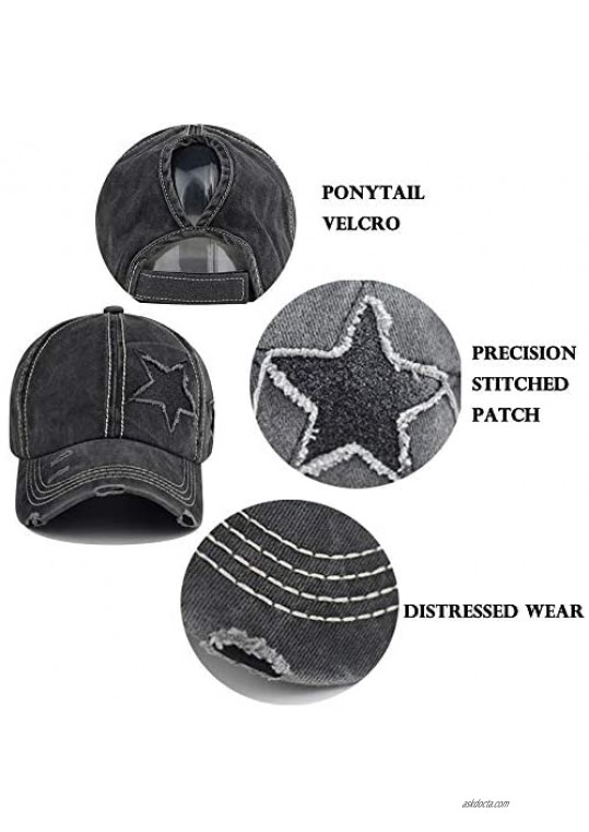 Belsen Star Embroidery Ponytail Baseball Cap Washed Cotton Distressed Trucker Hat
