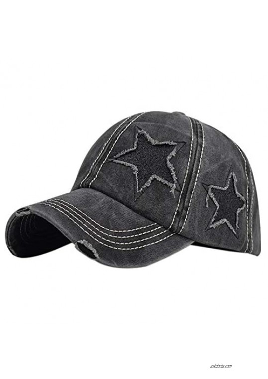 Belsen Star Embroidery Ponytail Baseball Cap Washed Cotton Distressed Trucker Hat
