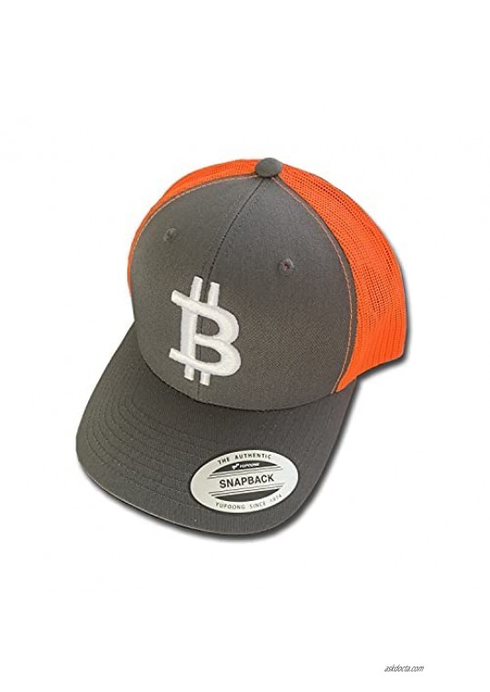 Bitcoin Snapback Trucker Cap Diamond Hands - Cool Grey & Orange with White Bitcoin 3-D Puff Embroidery Limited Edition