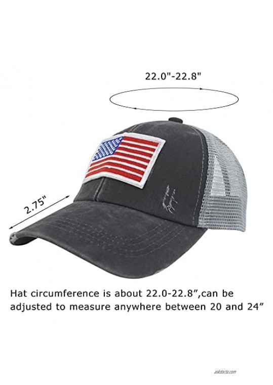 HGGE Womens USA American Flag Baseball Cap Adjustable Washed Distressed Cotton Denim Ponytail Trucker Hats