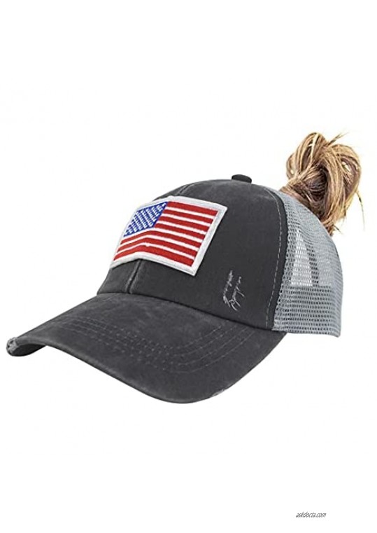 HGGE Womens USA American Flag Baseball Cap Adjustable Washed Distressed Cotton Denim Ponytail Trucker Hats