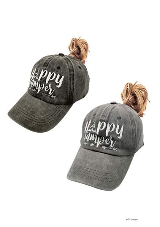 LOKIDVE 2 Pack Embroidered Happy Camper Baseball Cap Messy High Bun Distressed Ponytail Hat
