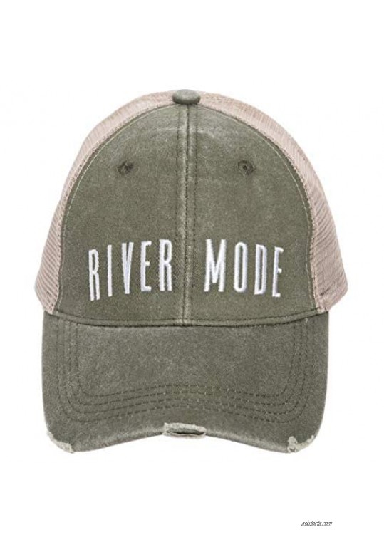 River Mode Vintage Wash Distressed Embroidered Hat Baseball Cap | Army Green w White Embroidery | Adjustable Snap Closure