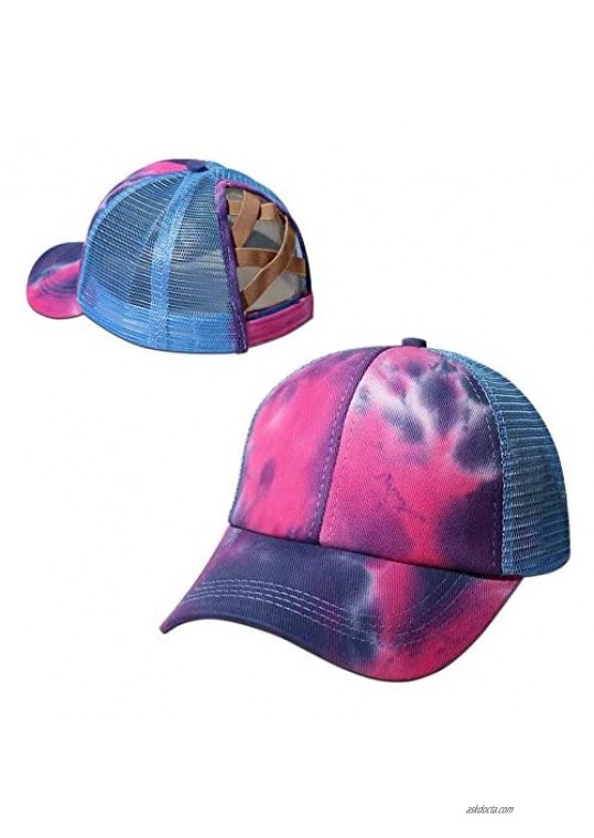 Tie-Dyed High Ponytail Baseball Caps Adjustable Trucker Mesh Sun Hat for Women Messy Bun…