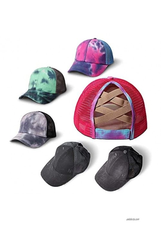 Tie-Dyed High Ponytail Baseball Caps Adjustable Trucker Mesh Sun Hat for Women Messy Bun…