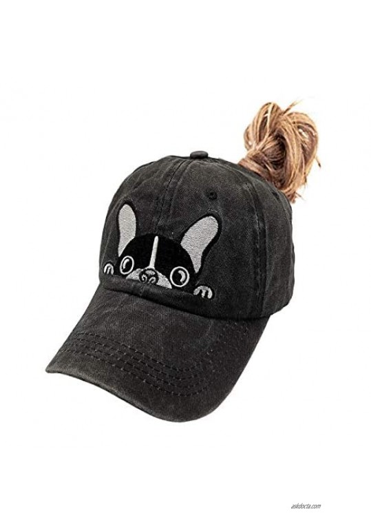Waldeal Women's Embroidered Boston Terrier Ponytail Hat Adjustable Washed Baseball Cap
