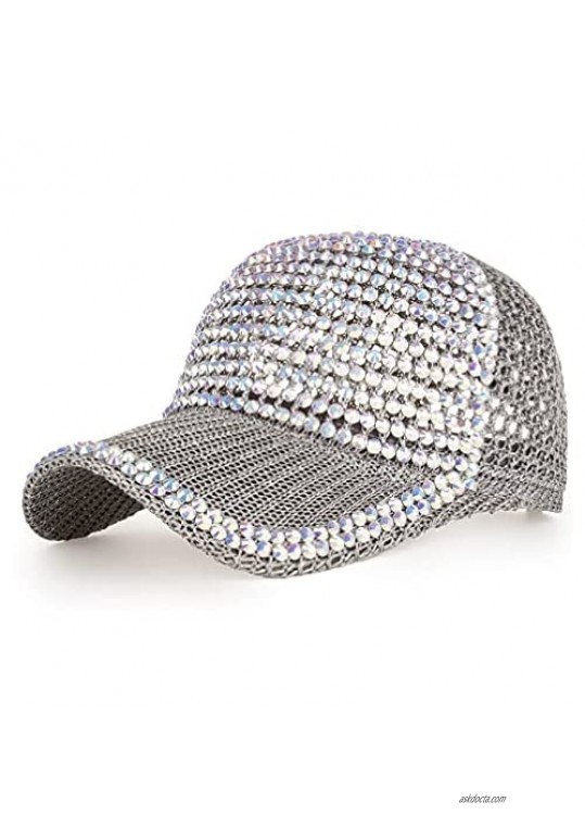 Women Men Studded Rhinestone Crystals Adjustable Ponytail Mesh Baseball Cap Shiny Bling Casual Sports Cap Breathable Sun Hat