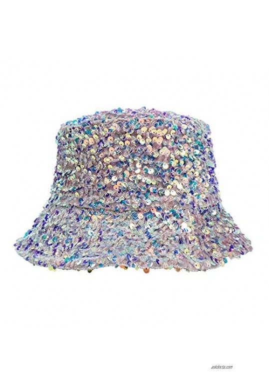 Aelidiya Sequin Sparkle Bucket Hat for Women Men Packable Leopard Fisherman Cap Outdoor Sun Hat Shiny Dance Party Hat